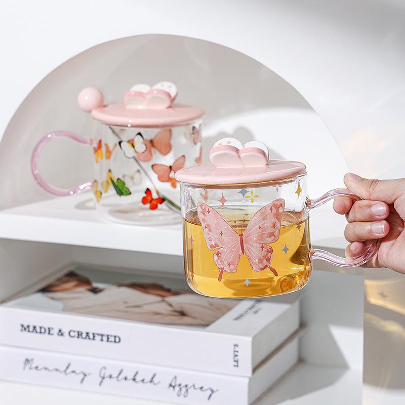 Butterfly Heat Resistant Glass Cup Breakfast Cup Gift Gift High value Pink Girl Heart Cup Cup Mug with Lid Spoon