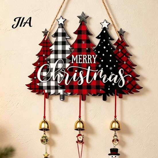 Indoor Holiday Party Supplies Merry Christmas Wooden Wall Door Hanging Sign with Bells, Rustic Santa Snowman Decor Tree Reindeer Decorative