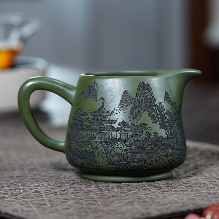 Handmade Purple Clay Teapot, Original Green Clay Carving, Landscape Poetry, Large Capacity Kung Fu Tea Set, Kung Fu Tea Ceremony