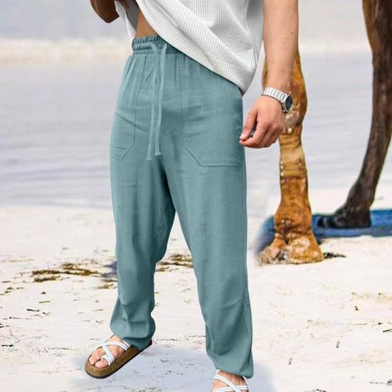 Men Pants Drawstring Elastic Waist Straight Leg Loose Solid Color Pockets Sweat Absorption Daily Wear Casual