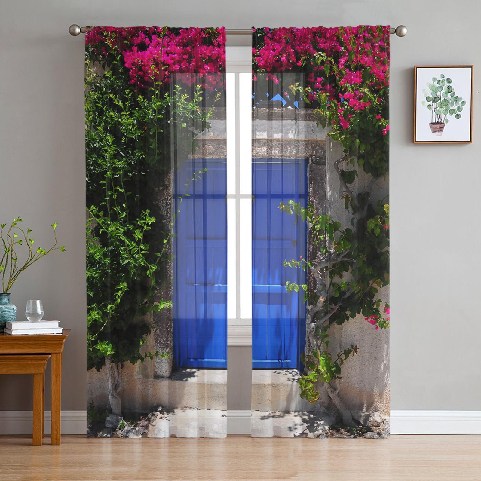 

Греция Санторини Церковь с голубой крышей Тюлевые прозрачные оконные шторы для гостиной, кухни, детской комнаты, вуаль, подвесная штора W135 x H114cm