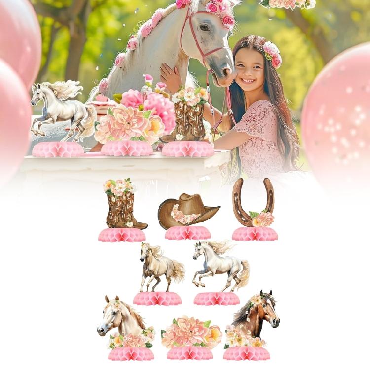 Pink Honeycomb Horse Centerpieces Set, 8 Piece Girl Birthday Table Decorations with Florals Horse, Horseshoes and Boot Pattern for Dessert Table