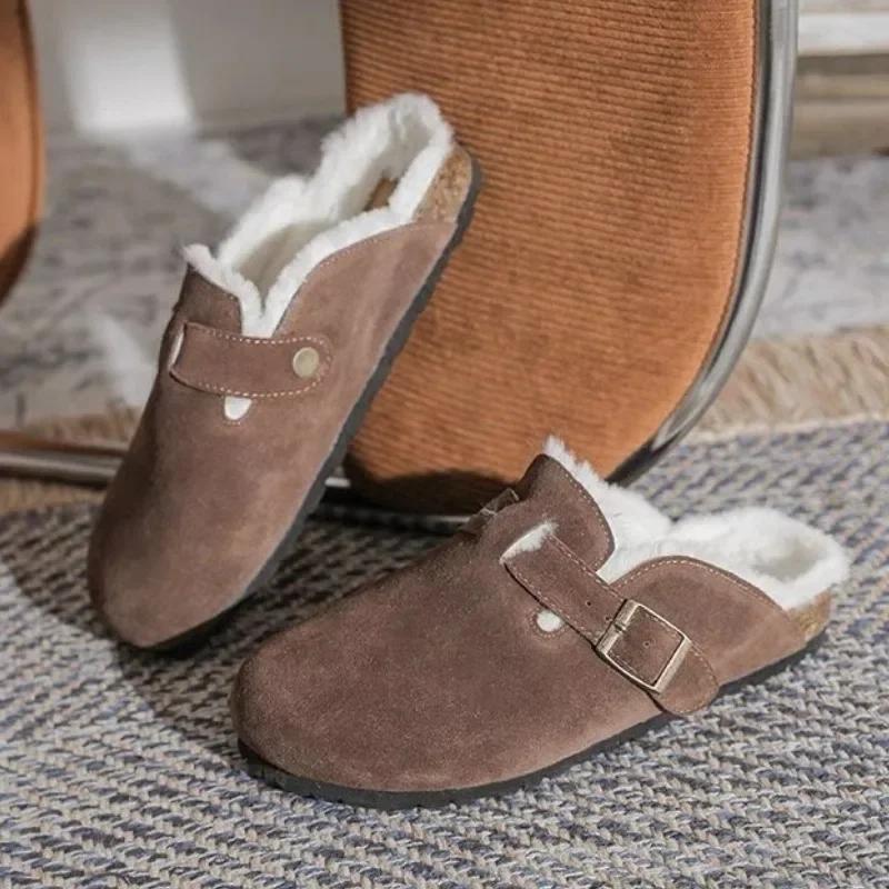 Fashion Ladies Shoes Fashion Closed Toe Women Slippers Autumn Plush Fleece for Warmth Solid Flat Casual Comfortable Large Size Slippers