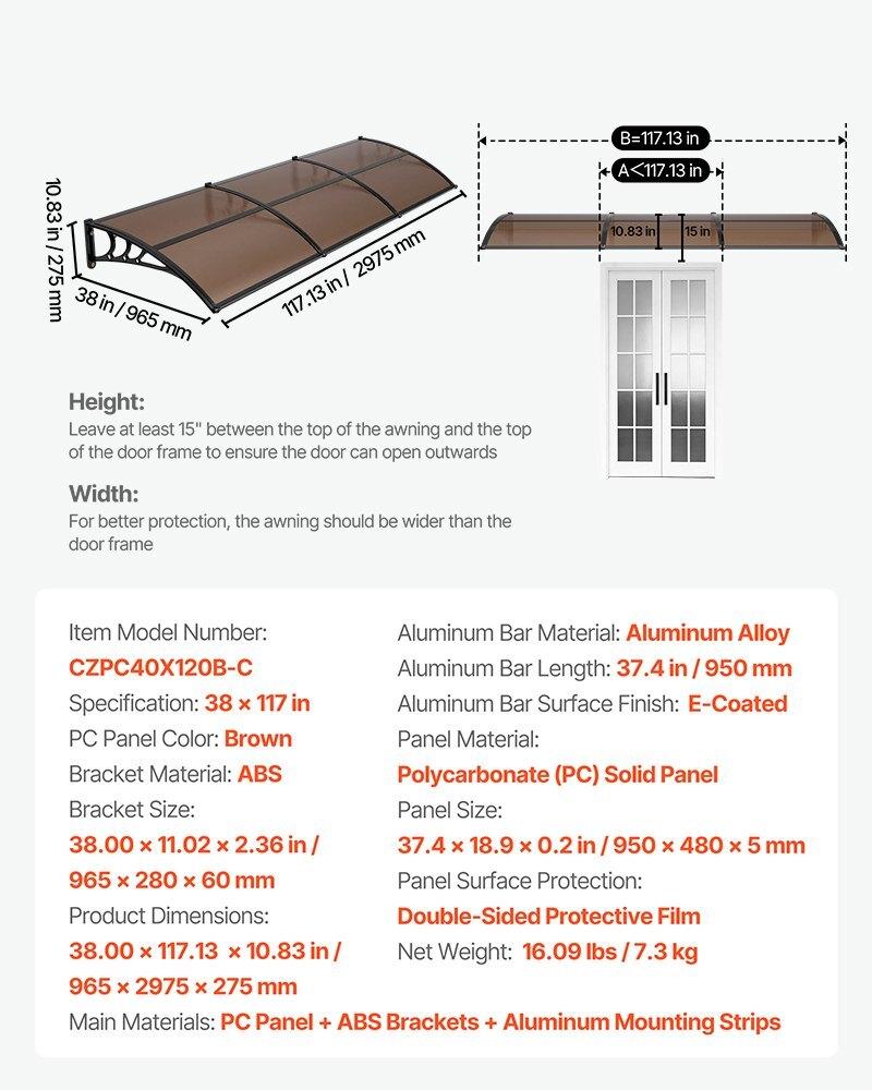 Awnings for Door Entrance, 38 X 117 In, Exterior Front Door Window Awnings with Drainage & ABS Bracket, Rain Snow Sun Protection, Overhang