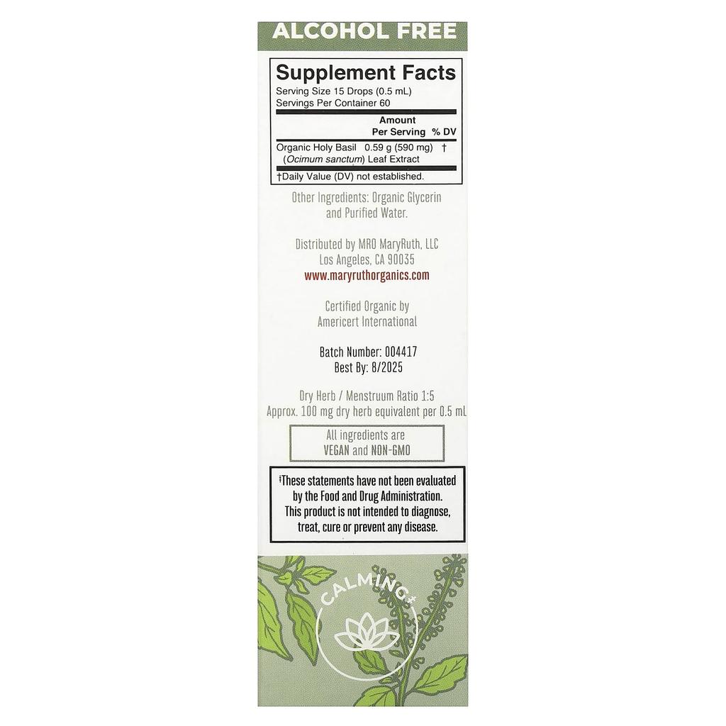 MaryRuth's Organic Holy Basil Leaf Liquid Extract, Alcohol-Free, 590 Mg, 1 Fl Oz (30 Ml)