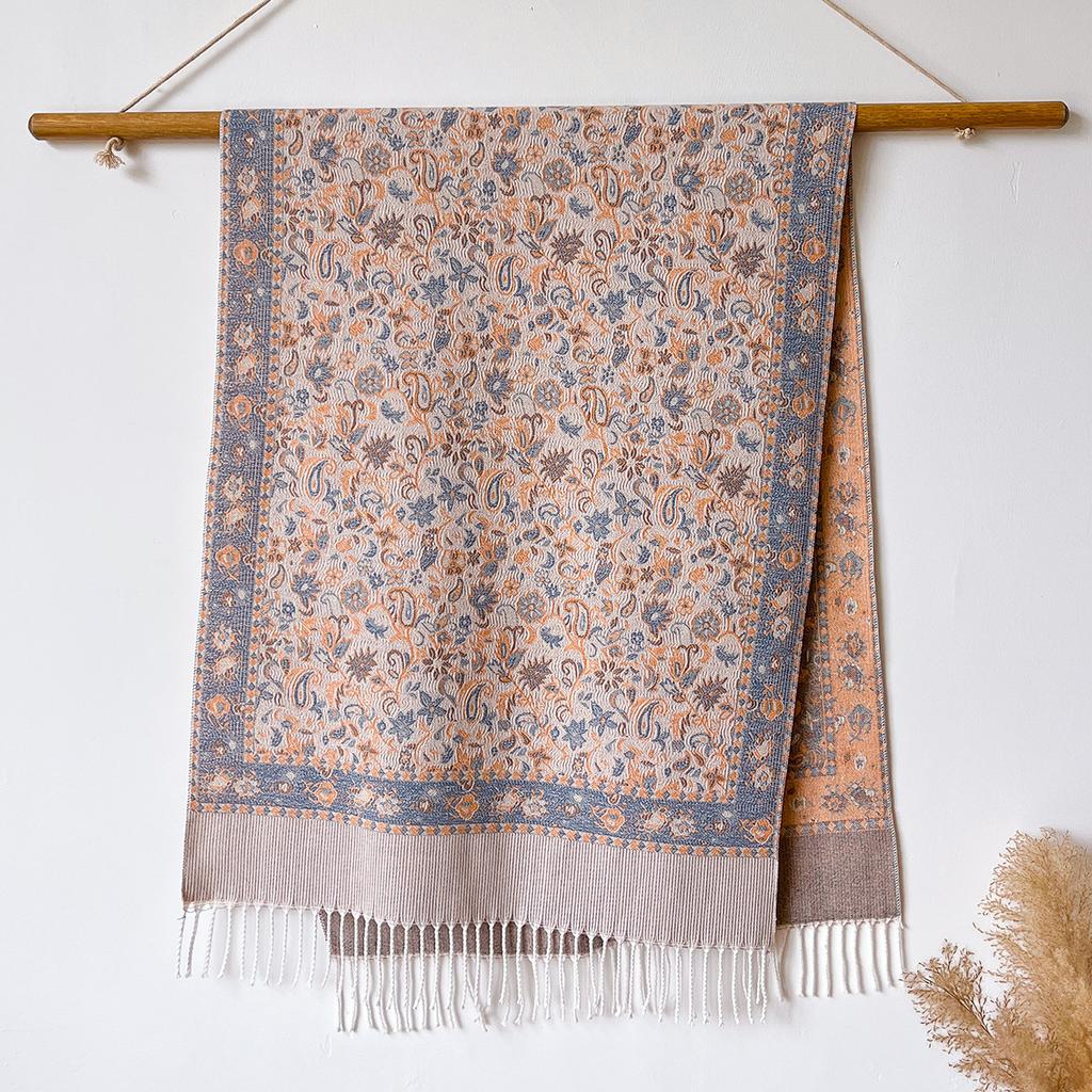 versatile retro flower pattern Hong Kong style imitation cashmere women's warm scarf fashion long beard fringed shawl