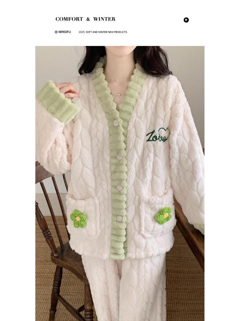 Winterpyjama aus Korallenfleece für Damen: Dickes, warmes Flanell-Loungewear-Set im süßen Stil