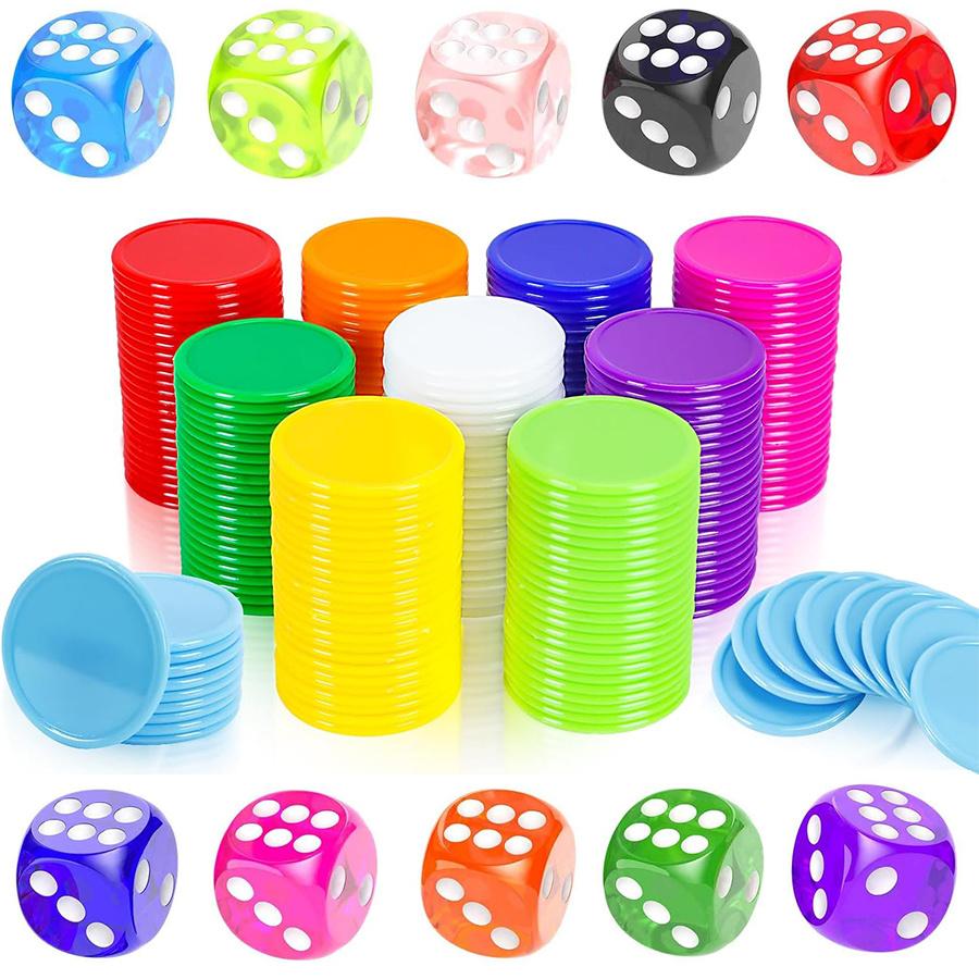 100 Chips & 10 Dices Set - 19mm Opaque Plastic Color Learning Counters Mini Poker Chips Game Tokens, Party Game Prop JXB