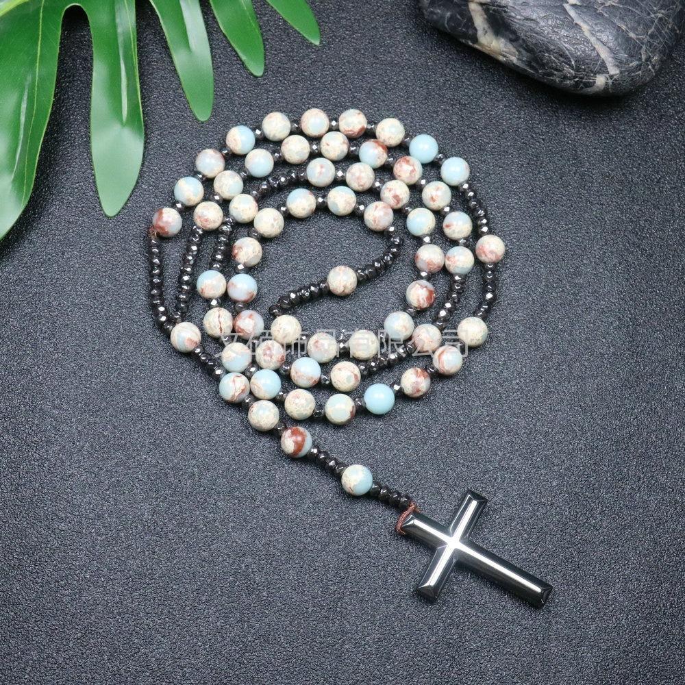 Collier pendentif croix en pierre naturelle, Croix en pierre d'œil de tigre et fer à bille chapelet collier pour homme