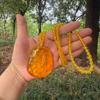 Inner Carved Heart Sutra Thousand Hand Guanyin Golden Amber Intaglio Pendant Necklace  Jewelry Mother'S Day Gift