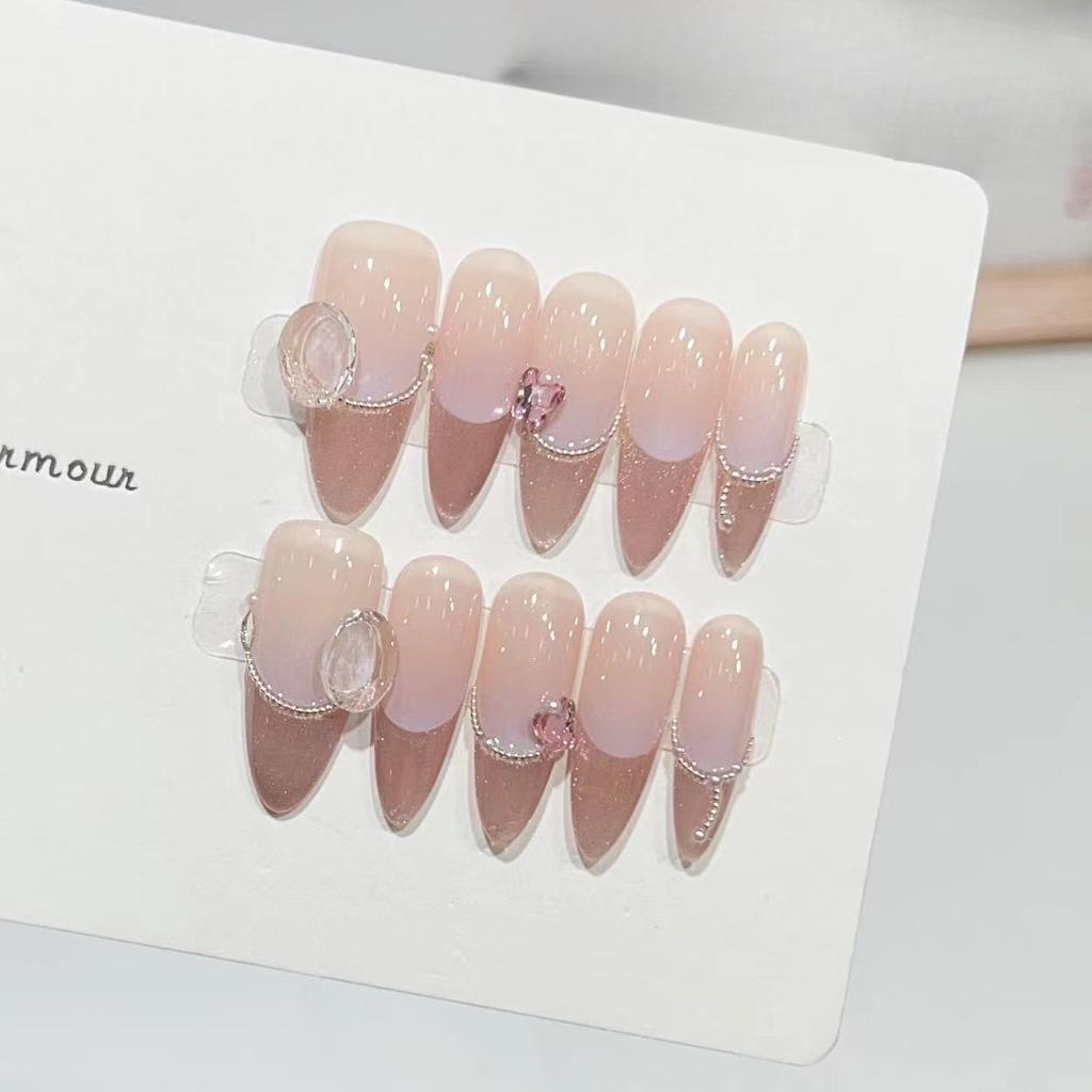 Wearing Armor Handmade High-end Atmosphere Cat Eye French Gradient Sunset Steel Beads Broken Diamond Nail Art Finished Product