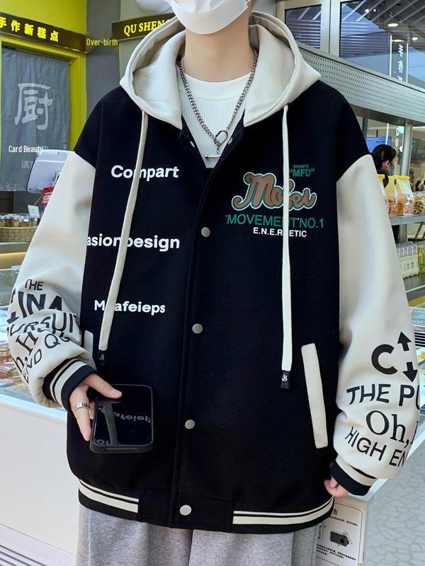 Frühlings- und Herbst-Kapuzen-Freizeitjacke für Herren und Teenager - 65% Baumwolle, Baseball-Stil für Mittelschüler