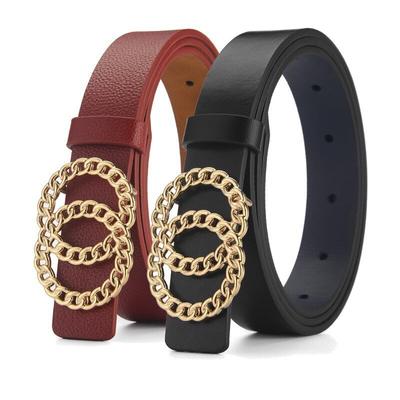 New Women's Belt Fashion Gold Hollow Button Belt Personalized Double Round Button PU Leather Belt Paired with Jeans Lady Belt