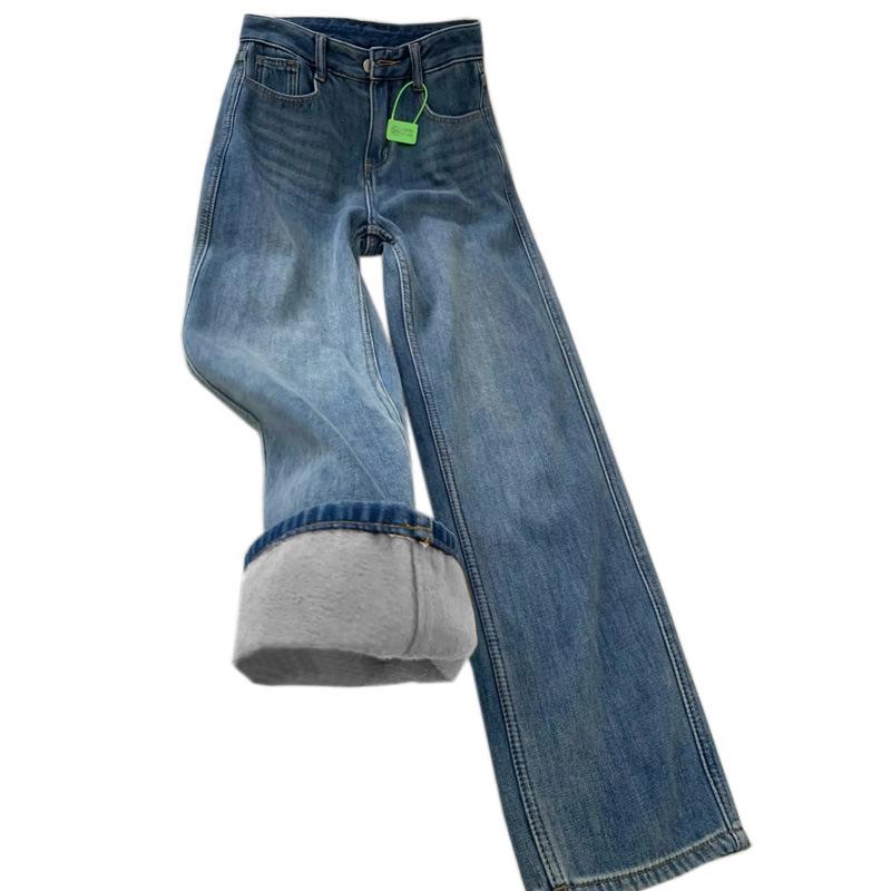 Warm High-Waisted Retro Wide-Leg Jeans for Women - Thick Velvet, Straight & Narrow Leg, Versatile Winter Pants