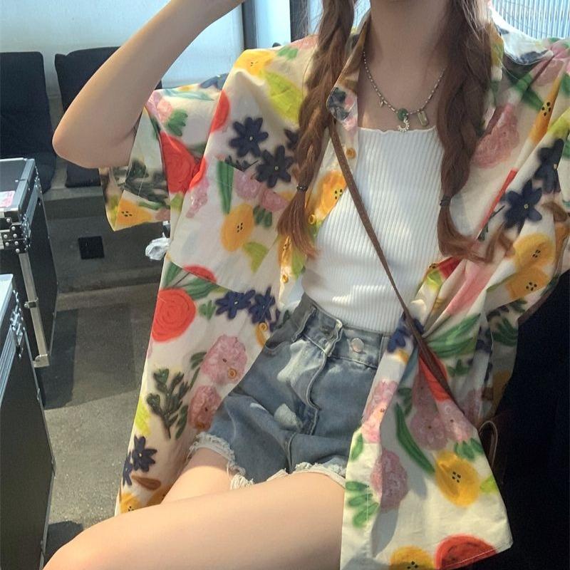 Cute Floral Beach Vacation Style Women's Shirts Summer Loose Casual Cardigan Tops Single Breasted Female's Chic Blouses