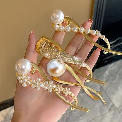 Elegant Pearl & Rhinestone Hair Clips - 4pcs, Golden Twist Clasp, Perfect for Women's Valentine's Day Hairstyles
