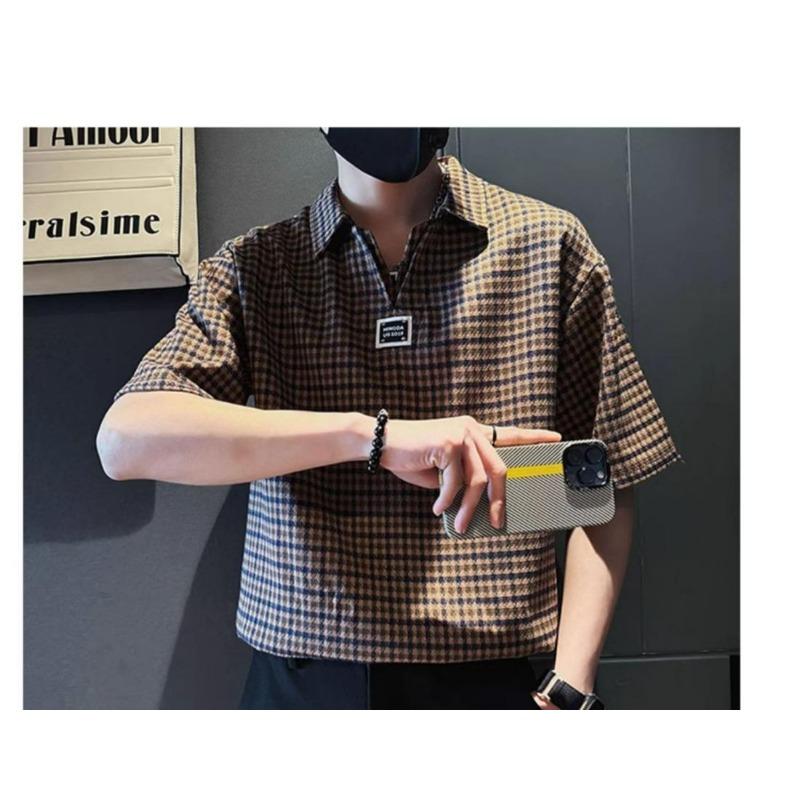 Men's Plaid Short Sleeve Polo Shirt Collar Half-Zip Casual Oversized Top