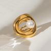 European & American Fashion: Stainless Steel Pearl Geometric Open Ring with Smooth, Hollow Design