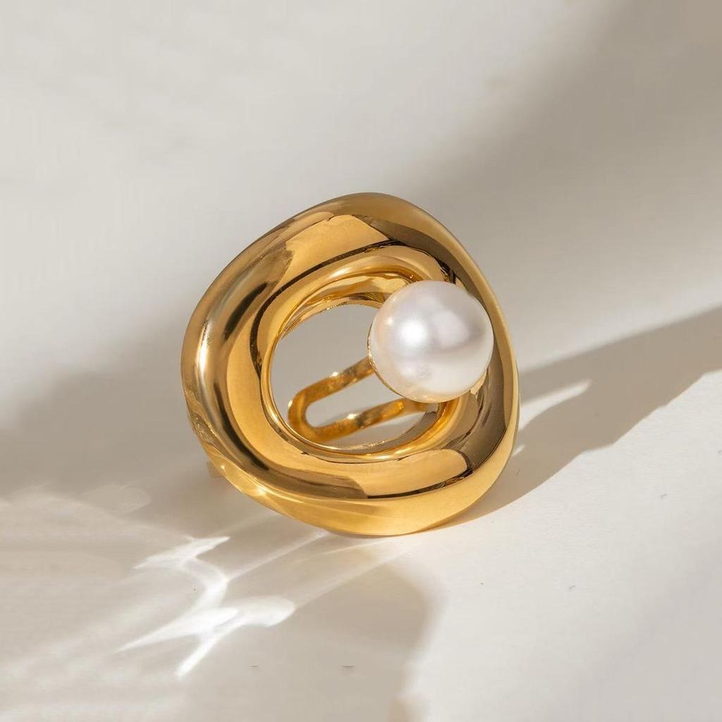 European & American Fashion: Stainless Steel Pearl Geometric Open Ring with Smooth, Hollow Design