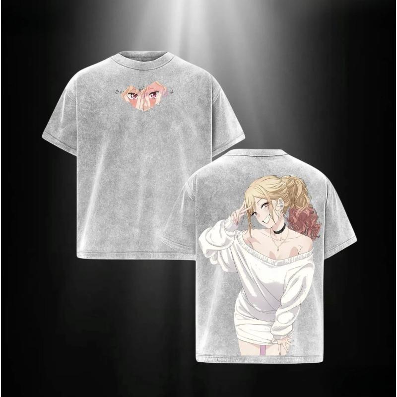 

Anime My Dress-Up Darling T-shirt Cute Kitagawa Marin Washed T Shirt Summer Short Sleeve Cotton Tees Tops Men Women Clothing XXL сірий колір