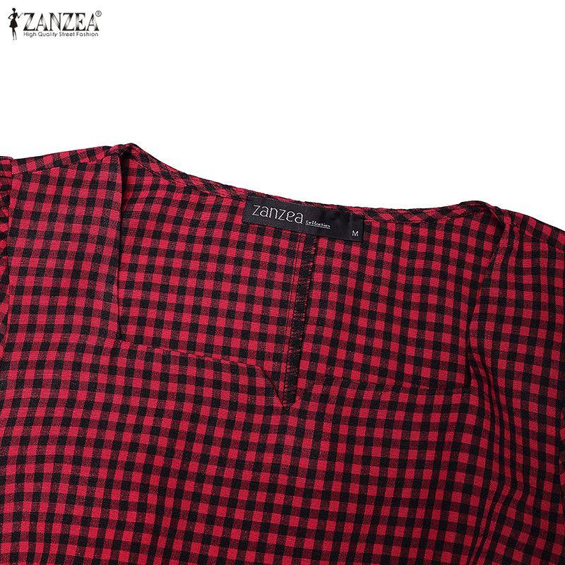 ZANZEA Womens Square Collar Short Sleeve Casual Grid Print Dress