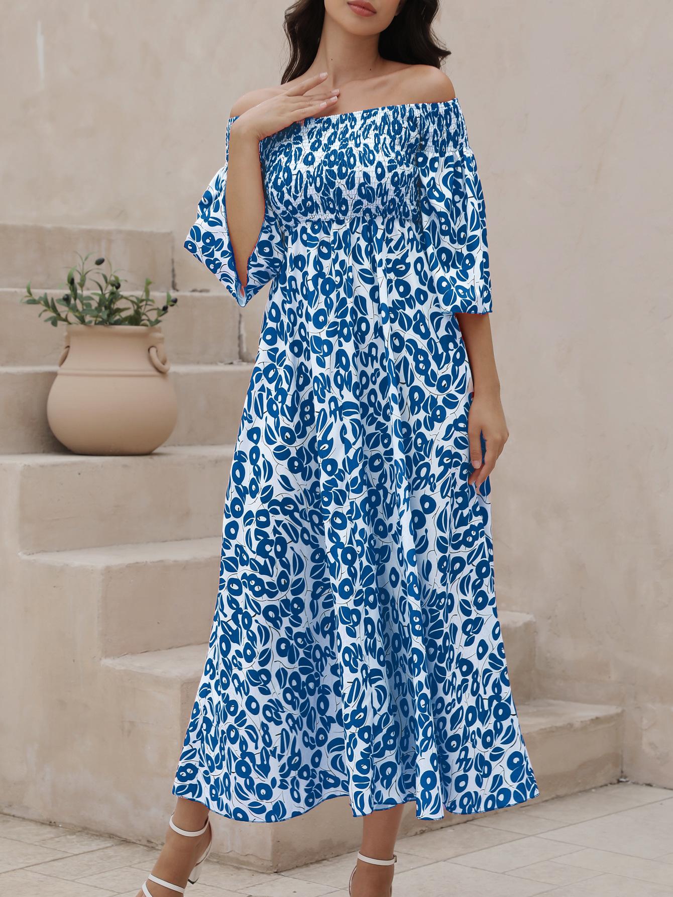 

Women s Floral Off-Shoulder Dress with Bell Sleeves, Elegant Summer Maxi Dress with Flowy Skirt XL