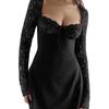 European & American Slim Fit Lace A-Line Dress with Long Sleeves - Sexy, Bust-Hugging Design