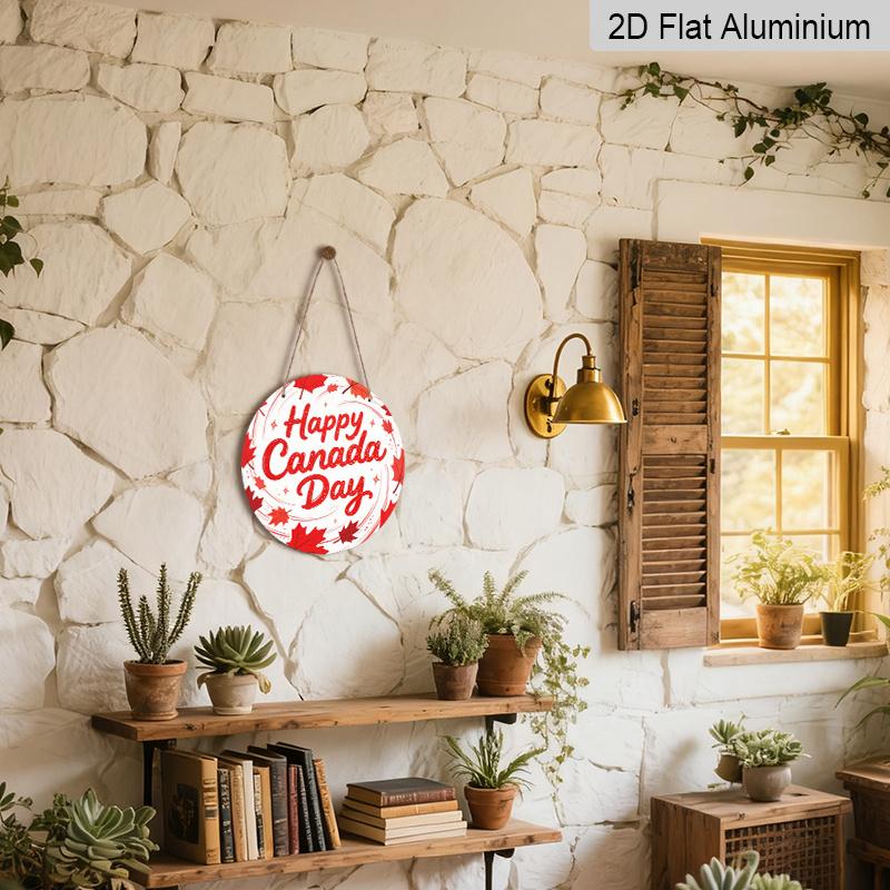 2D Flat, Round Aluminum Canada Day Decor Plaque, "Happy Canada Day" Sparkly Maple Leaf Metal Sign, Waterproof, Durable & Easy To Install, Ideal for