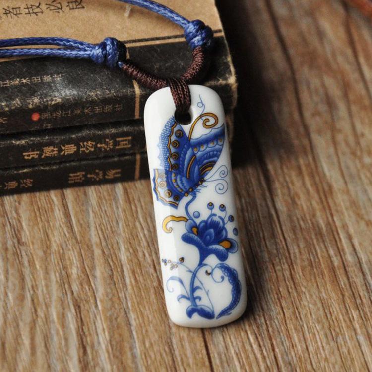 Colier vintage din ceramică Colier albastru și alb Fluture Cuplu Pulover Lanț