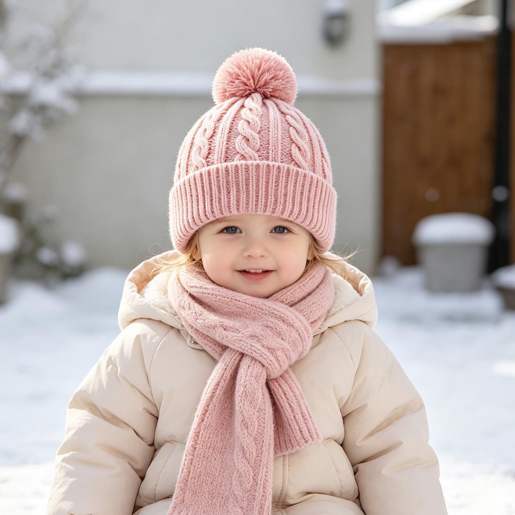 Xiaomi 1pc Baby Double Pom Pom Knit Ear Flap Hat, Cute Solid Color Toddler Beanie hats winter hat Daily Head Hat for Boys Girls