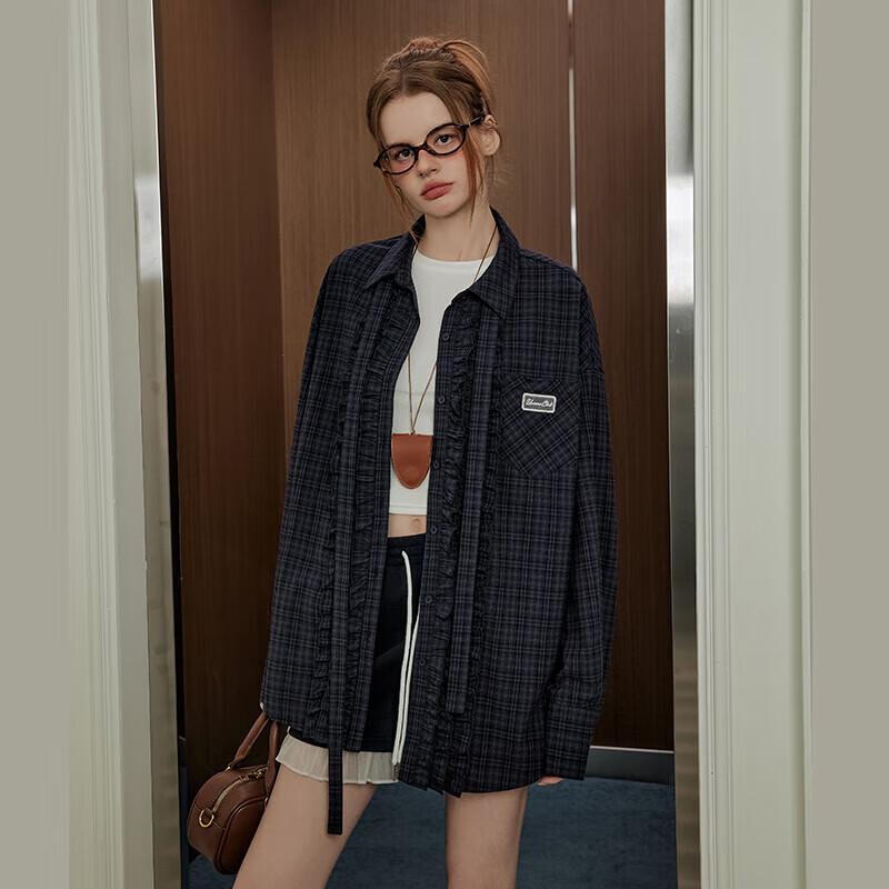 UNIFREE Ruffle Plaid Shirt S