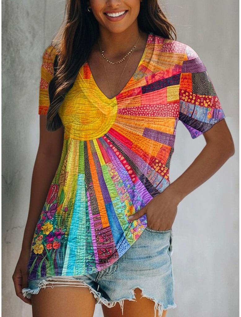 T-shirt da Donna Floreale Color Block Vintage Boho, Scollo a V Manica Corta, Casual Quotidiano, Arcobaleno