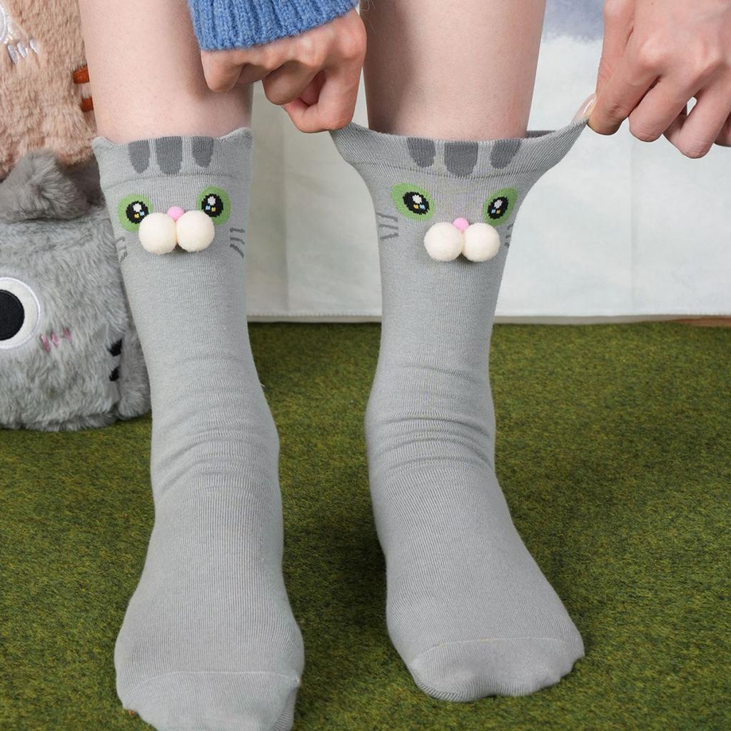 Cute Cat Print Crew Socks Playful 3D Pom Pom Mid Tube Socks Stylish Leopard Pattern Casual Hosiery Soft Breathable Female Socks