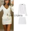 Spring New Women's Clothing Vacation Style Sheer Cutout Short Sexy V Neck Tops + Perspective Bodycon Dress Suit