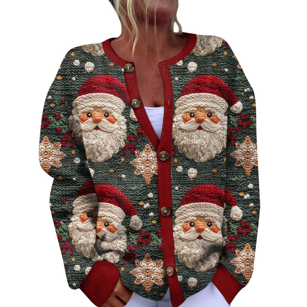 Women's Fashion Christmas Printed Long Sleeve Knitted Cardigan Button Down Jacket