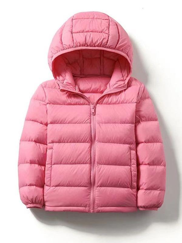 Children's Lightweight Hooded Down Jacket - Solid Color, Winter Style, 90% Down, Medium & Large Sizes