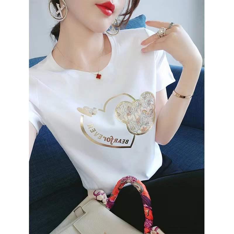 Korean Style Women's Loose-Fit Hot Stamping Short Sleeve T-shirt, Spring/Summer 2023 Fashion Design