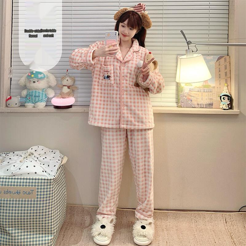 Женский клетчатый фланелевый пижамный комплект с щенками M-XXL