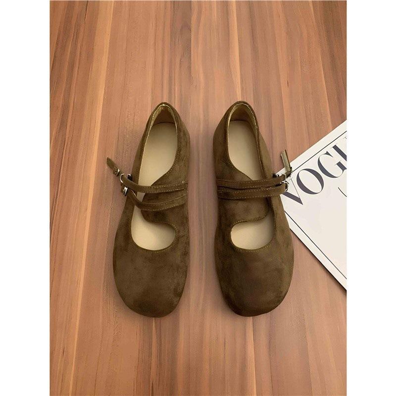 Mori literary and artistic style frosted leather Mary Jane shoes one-word buckle with shallow mouth round head flat-bottomed ballet shoes