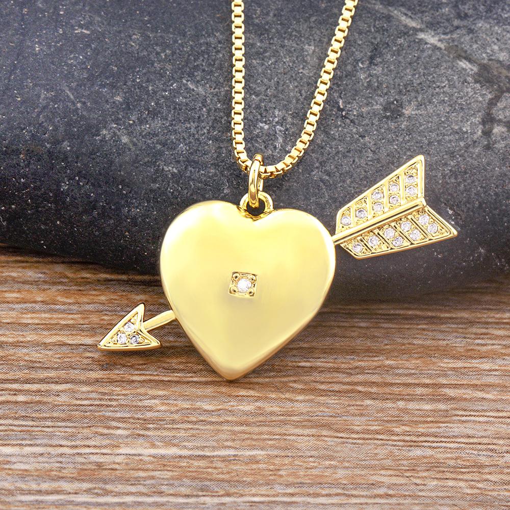 

Nidin New Fashion Romantic Heart Shape Inlaid Cupid Arrow Zircon Pendant Gold Plated Necklace Women Simple Design Jewelry Gift