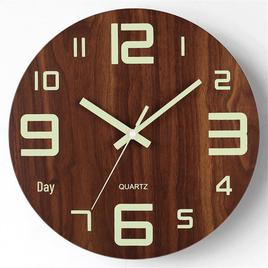 8" Silent Luminous Wall Clock, Wood Grain MDF, Fluorescent Quartz Clock