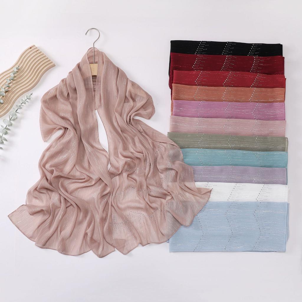 Luxury Rhinestone Chiffon Hijabs Woman Muslim Scarf Shawls Solid Lady Party Shawl Wraps Islamic Turban Female Headscarf Ramadan