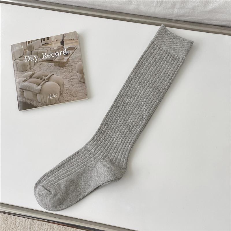 Miu Style Women's Retro Vertical Striped Mid-Calf Socks - Versatile Solid Color Slimming Slouch Socks