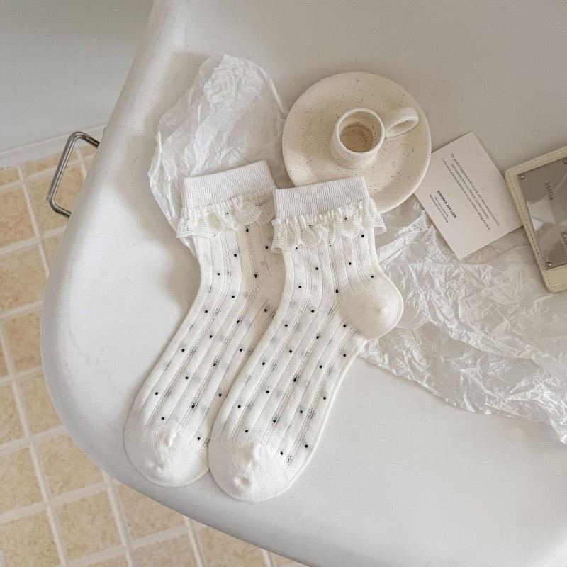 

Spring and Summer Girls Short Legged Lace-Ribbed Padded Socks with Polka Dots and Openwork Design - Perfectly Versatile Lightweight Socks 1 pair молочный белый