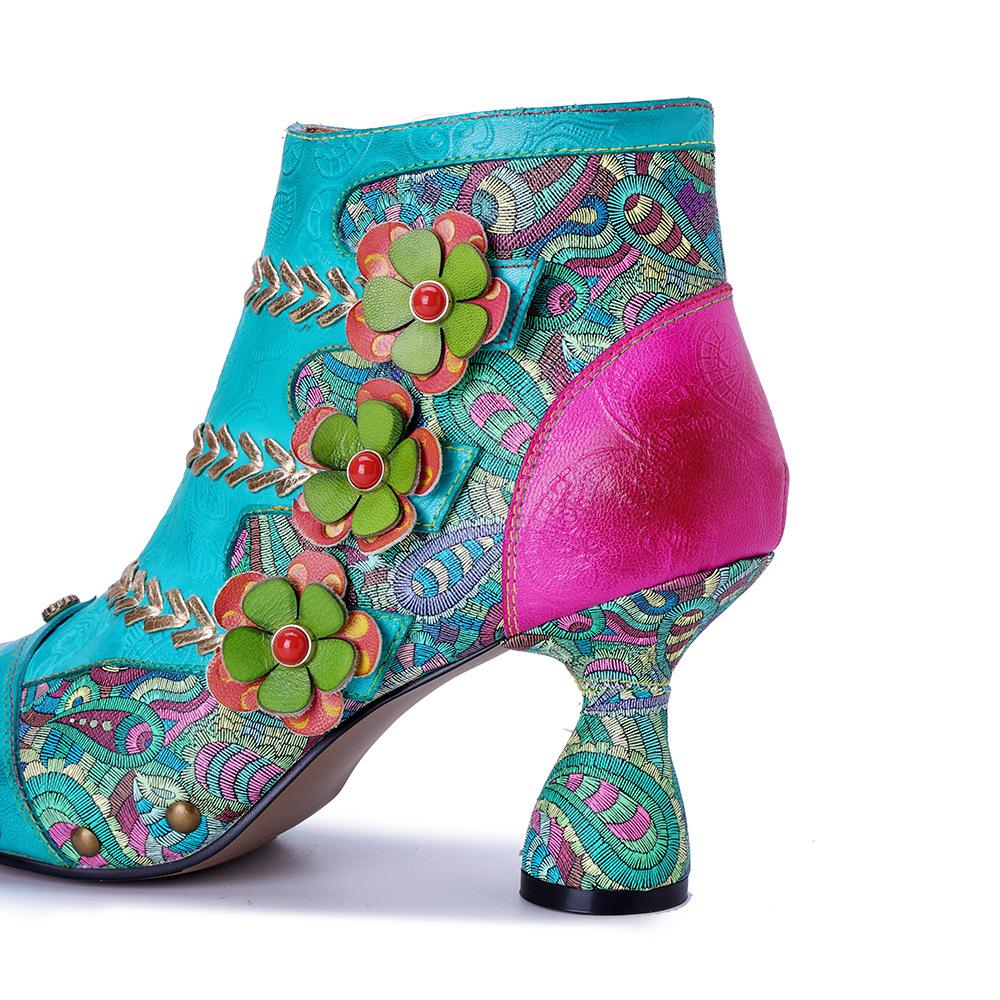 Johnature Handmade Embroidered Flower High-heeled Sandals Genuine Leather Peep Toe Women's Shoes