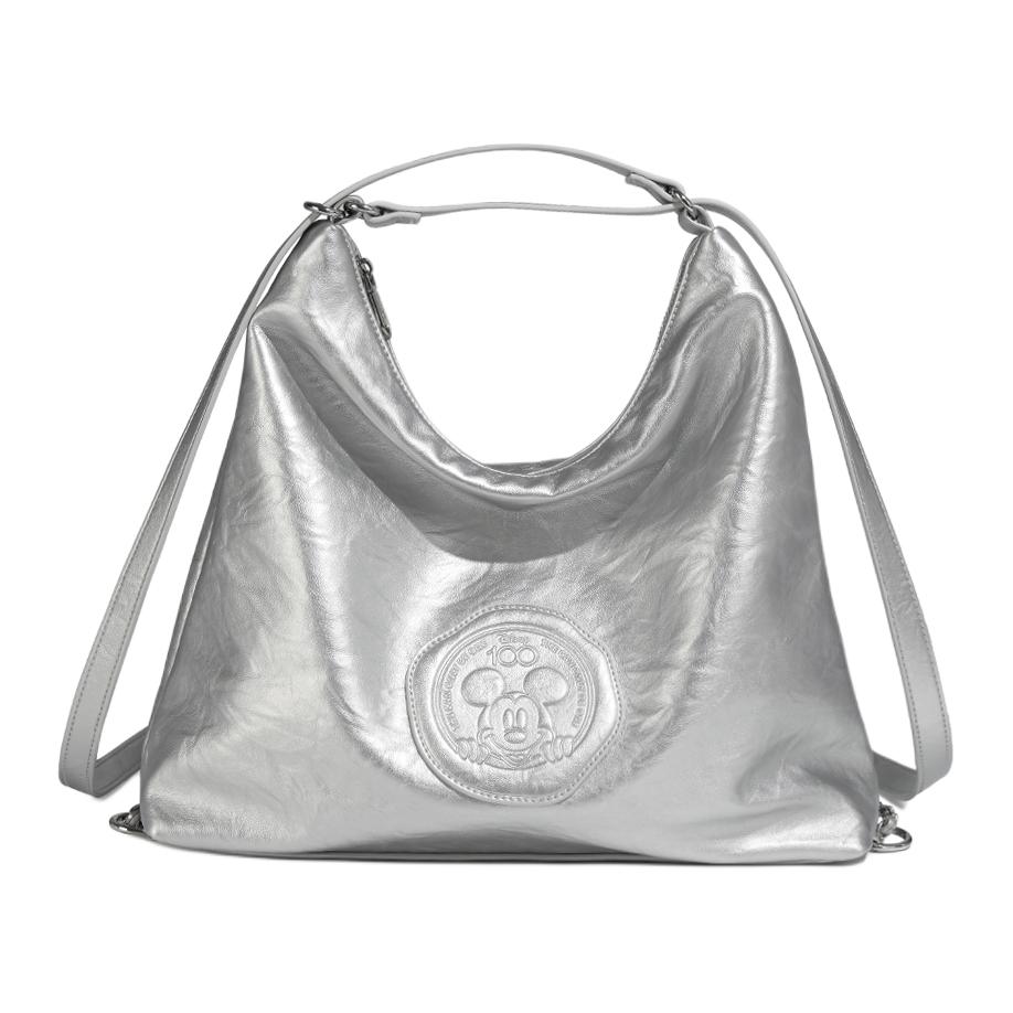 New Disney Mickey Series PU Double Shoulder Crossbody Tote Handbag, Shoulder Bag Large Women's Black/Silver/Cream White BMK-71278-2