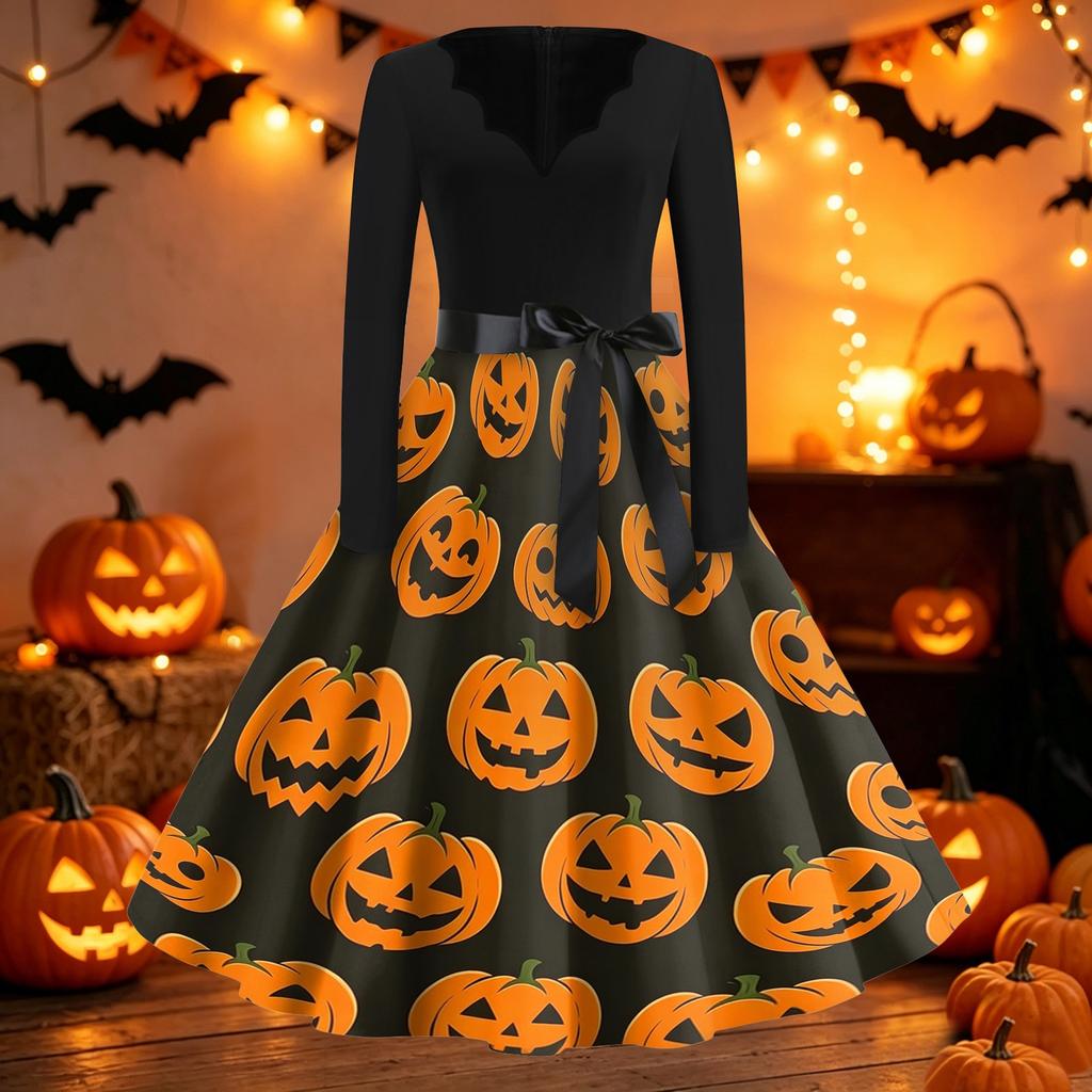 Women Casual Vintage Halloween Dress V Neck Long Sleeve Belted Waist Retro Printed Midi Dress for Autumn and Party