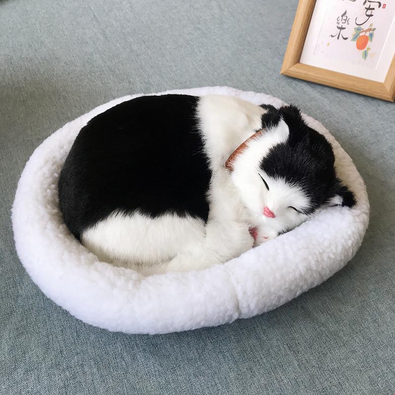 

Realistic Plush Sleeping Breathing Cat Furry Dog With Mat Creative Animals Decor Black