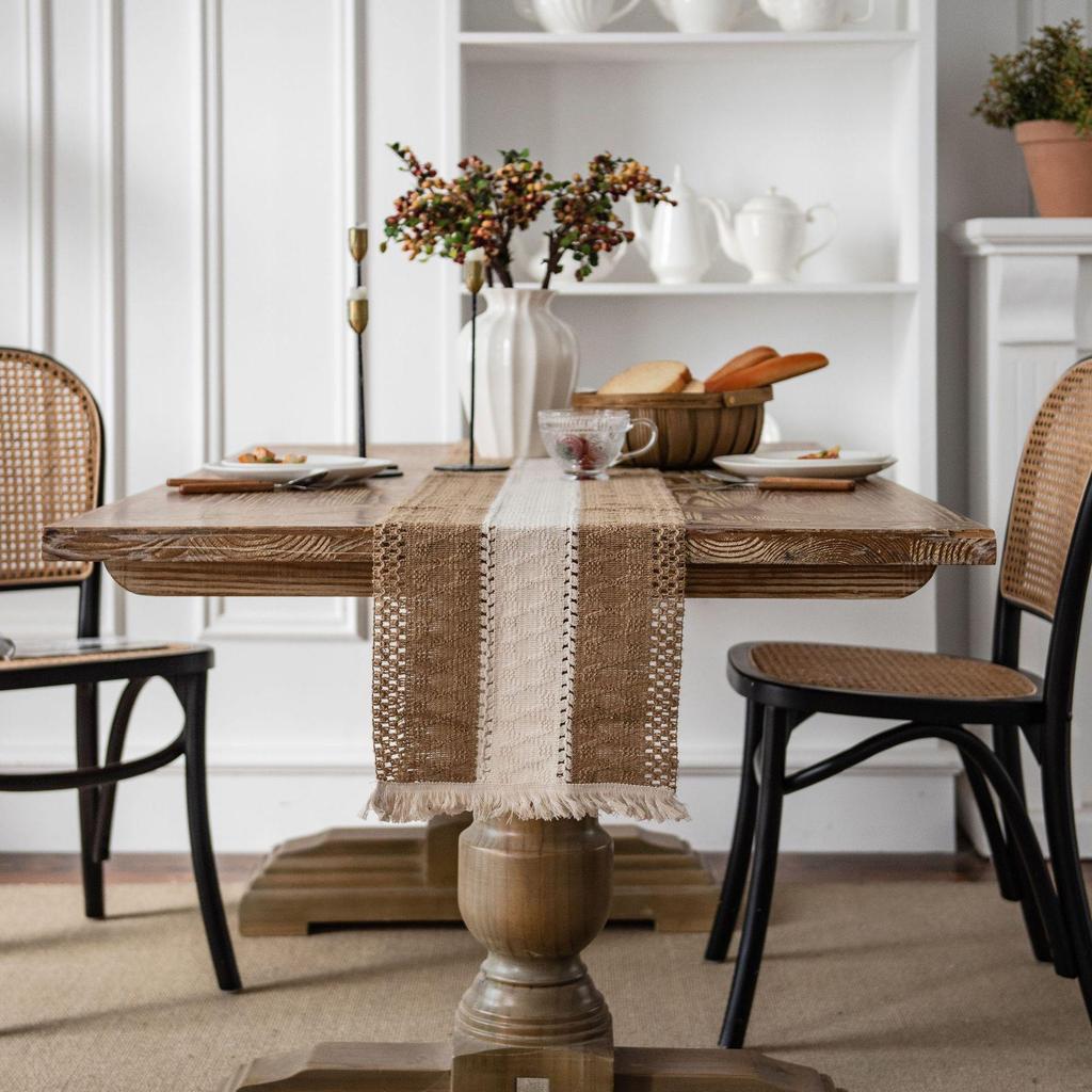 Yun Cotton-Linen Patchwork Table Runner with Two-Color Tassels - Natural Material, American Country Festival Style