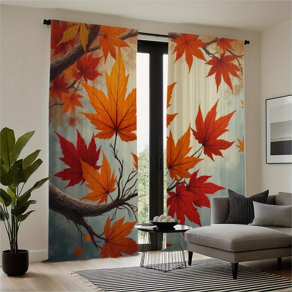 2pc Autumn maple leaves with orange and red autumn leaves pattern curtains   polyester fabric   suitable for bedroom living room